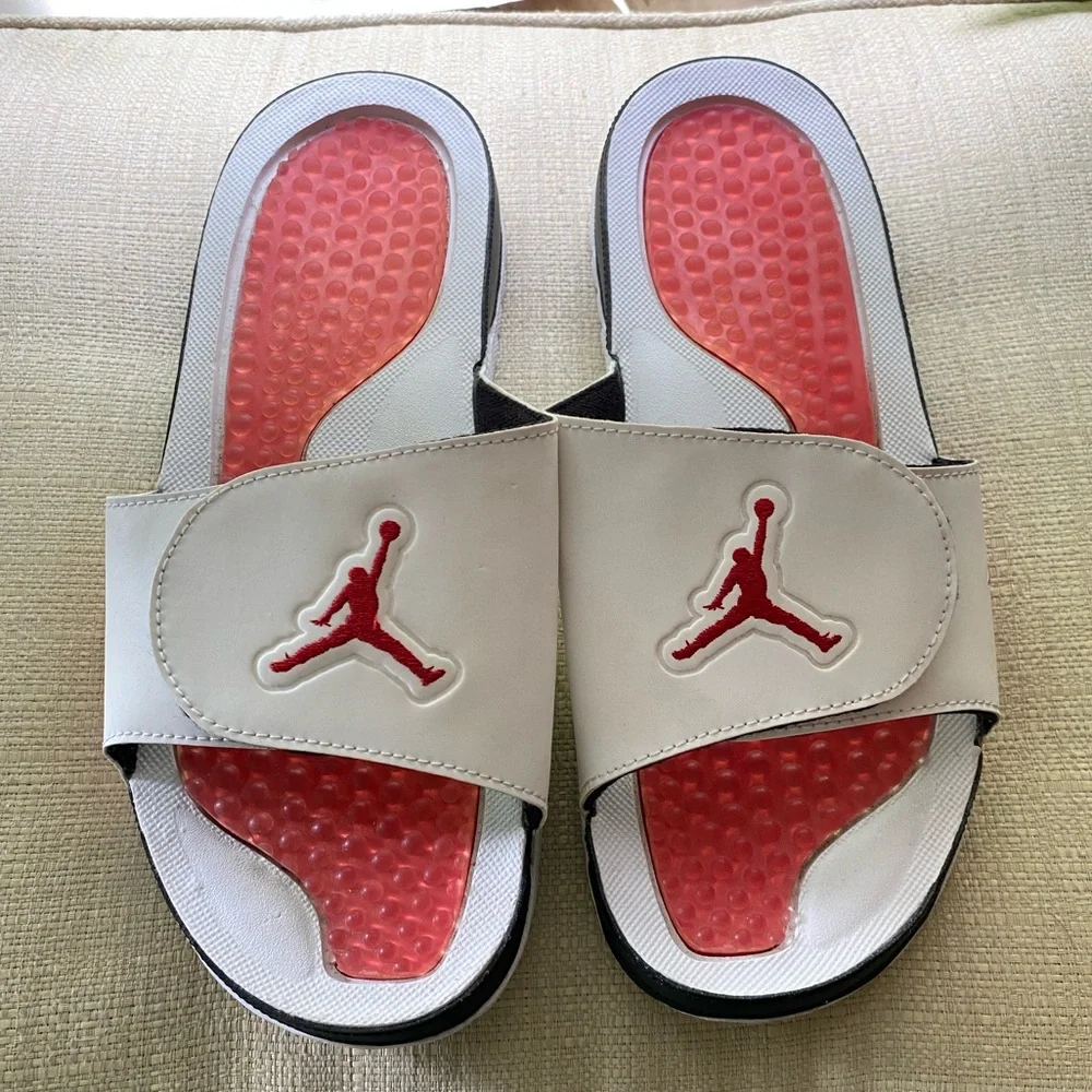 Rare Jordan Hydro V Retro Slides White/Fire Red-Black Size 10